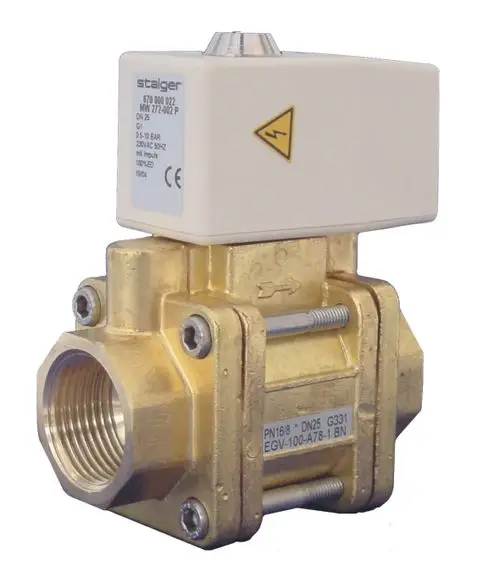 Elektrisches Ventil von BWT mit goldenem Gehäuse und weißen Bedienfeld. Anschlussgewinde für Rohrleitungen zur Steuerung von Wasserdurchfluss.